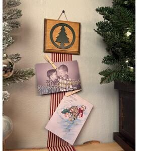 Christmas Card Holder Wooden Topper Green Christmas Tree Red Striped Ribbon